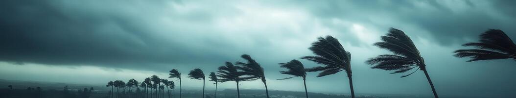 Hurricane winds bending palm trees in a coastal landscape photo