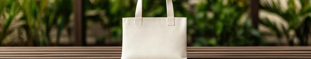 Simple white tote bag resting on a wooden table among greenery photo