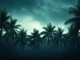 Hurricane approaches palm trees under dark, ominous sky at dusk photo