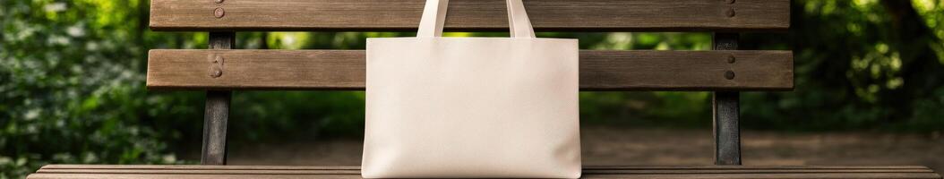 A plain tote bag resting on a wooden bench in a serene park setting photo