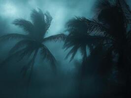 Hurricane winds sway palm trees under dark, stormy skies at dusk photo