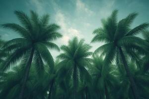 Hurricane threatening palm trees under a cloudy sky in a tropical region photo