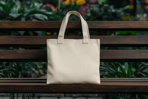 A simple beige tote bag resting on a wooden bench in a garden photo