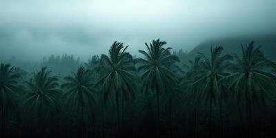 Palm trees sway wildly in hurricane winds in the tropics photo