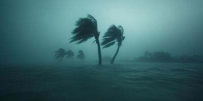 Hurricane winds bend palm trees during a storm at dusk in coastal area photo