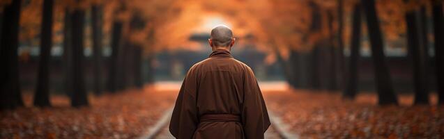 A monk walking through a tranquil autumn forest at sunset photo