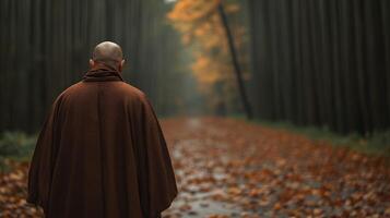 Monk walking alone on a misty autumn path surrounded by tall trees photo