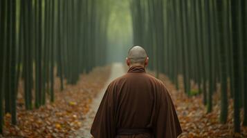 Monk walking through bamboo forest path during autumnal morning photo