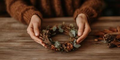 Creating a seasonal wreath with natural elements at a crafting table photo