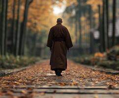 A monk walking along a peaceful autumn path in a serene forest photo