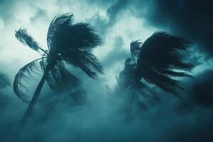 Powerful hurricane winds uproot palm trees under a dark sky photo