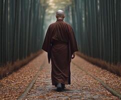A monk walking through a serene bamboo forest on a quiet autumn day photo