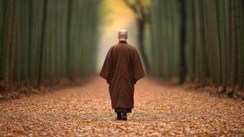 A monk walking through an autumn forest in tranquil solitude photo