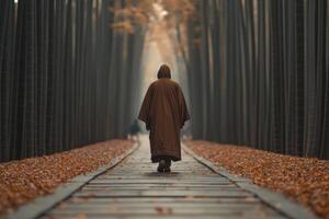 A cloaked figure walking along a path in a serene bamboo forest photo