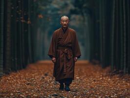 An elderly monk walking through a tranquil forest path covered in leaves photo
