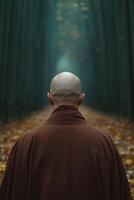 A monk walking through a serene forest path surrounded by trees photo