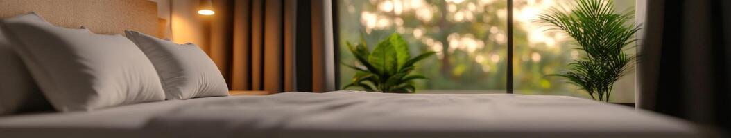 Cozy bedroom with plants and a view during sunset hours photo