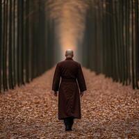 A monk walks through a tranquil forest path surrounded by autumn leaves photo