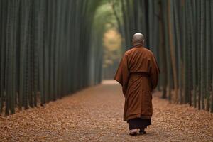 A monk walks through a serene bamboo forest during autumn in Japan photo