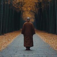 A monk walking on a tranquil path surrounded by autumn foliage photo