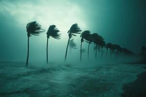 Hurricane winds lash coastal trees against a darkened sky at dusk photo