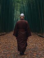 Monk walking in a serene bamboo forest during autumn evening photo