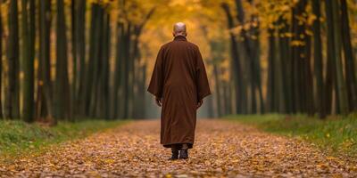 Buddhist monk walking alone on a leaf-covered path in autumn forest photo