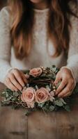 Creating a delicate floral wreath with pink roses and greenery at home photo