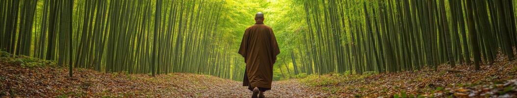 A monk walks through a serene bamboo forest during daylight hours photo