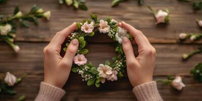 Making a floral crown with blooms and greenery on a table photo