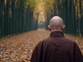 A peaceful monk walking through a tranquil autumn forest path photo