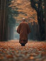 A monk walking through a serene autumn forest path at twilight photo