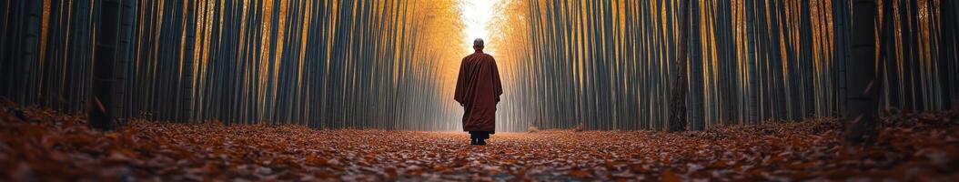 Monk walking through a tranquil bamboo forest during autumn sunlight photo