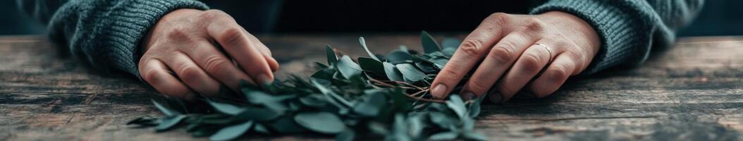 Hands arranging greenery on a rustic wooden table in natural light photo