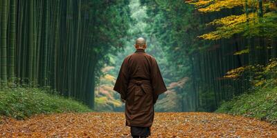 A monk walking through a tranquil bamboo forest in autumn photo