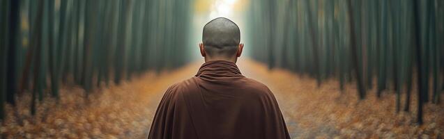 A monk walking through a serene forest path during autumn photo
