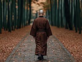 A monk walking through a tranquil forest path covered in autumn leaves photo