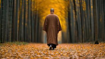 A monk walking through a tranquil autumn forest path in golden light photo