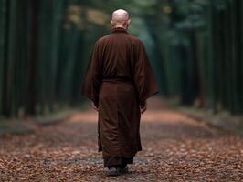A monk walking amidst autumn leaves in a serene forest path photo