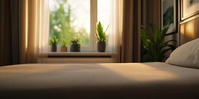 Sunlight streaming into a serene bedroom with plants by the window photo