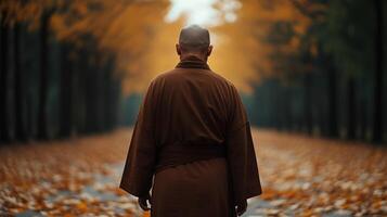 Monk walking through an autumn path surrounded by colorful foliage photo