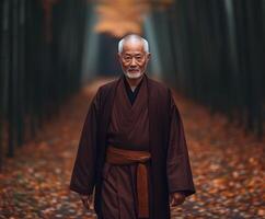 Elderly man in traditional attire walks through a serene bamboo grove photo