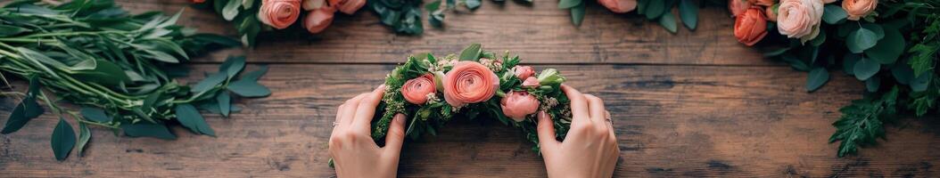 Hands arranging a floral crown with pink roses and greenery in a workshop photo