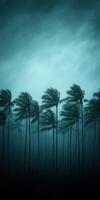 Hurricane winds whip through palm trees under a darkened sky photo