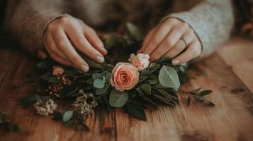 Crafting a floral wreath with fresh blooms and greenery at home photo