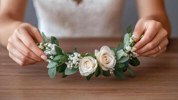 Creating a beautiful flower crown with white roses and greenery photo