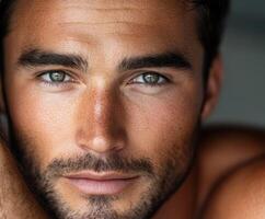 Close-up portrait of a young man with striking green eyes and stubble photo