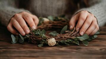 Creating a delicate floral crown with greenery and dried flowers photo