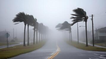 Heavy winds and rain from a hurricane impact a coastal road at dusk photo