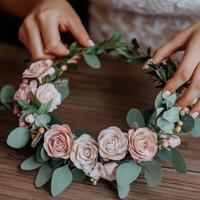 Creating a beautiful floral crown with soft pink roses and greenery photo